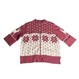 Woolrich Women Burgundy Tan Fair Isle Reindeer Zipper‎ Sweater Large Merino Wool